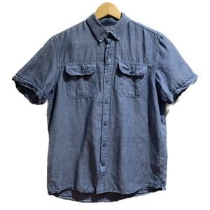 Private Member Blue Linen Blend Men's short sleeve casual button up shirt Small
